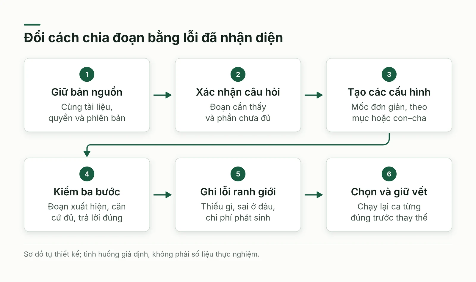Chuỗi thử chunking từ bản nguồn cố định đến kiểm ba bước ghi lỗi và chọn cấu hình