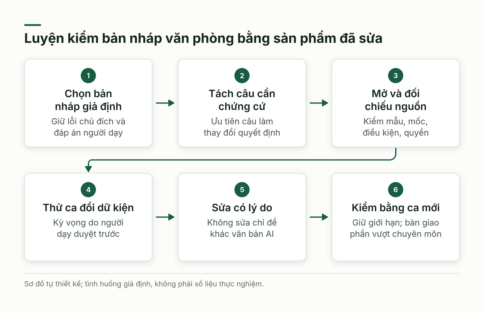 Luồng luyện trên bản nháp giả định từ tách câu, mở nguồn, thử dữ kiện đến sửa có lý do và kiểm ca mới