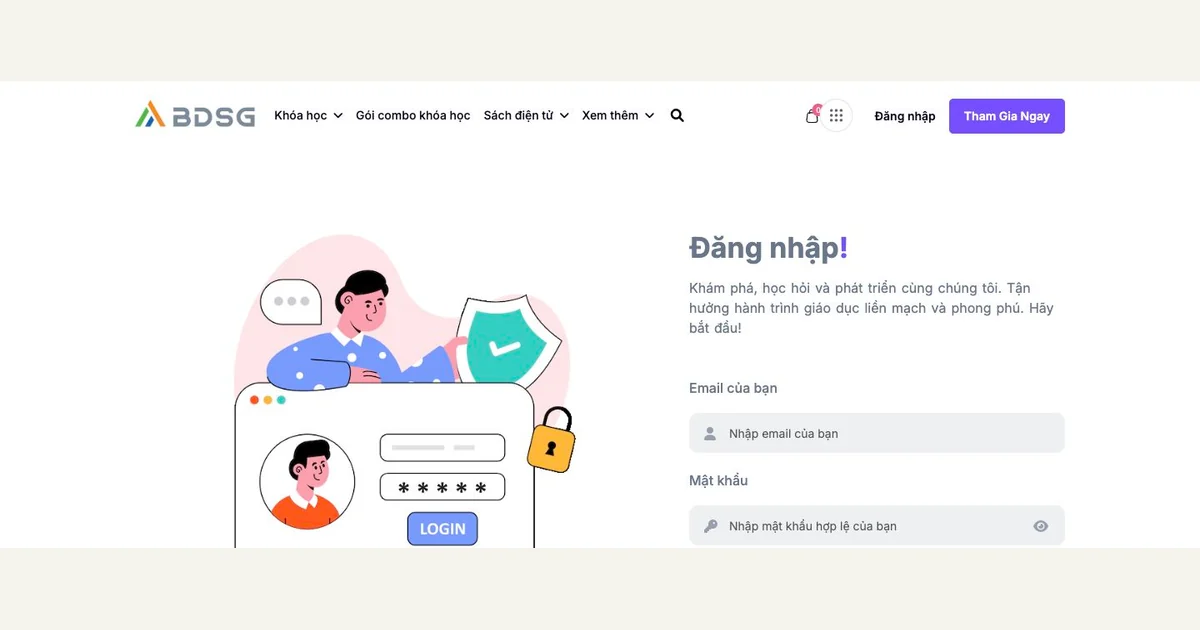 Ảnh chụp vùng đăng nhập công khai của BDSG Academy, với các ô thông tin chưa điền, ngày 19/10/2026.