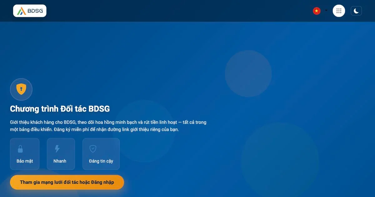 Giao diện website BDSG Affiliate — ảnh chụp ngày 19/10/2026.