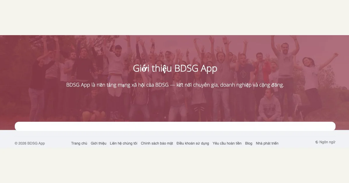 Vùng giới thiệu công khai trên website BDSG App — ảnh chụp đã cắt ngày 19/10/2026.