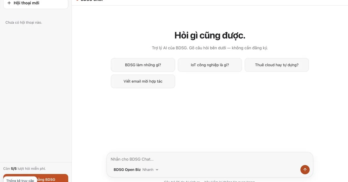 Giao diện website BDSG Chat — ảnh chụp ngày 19/10/2026.