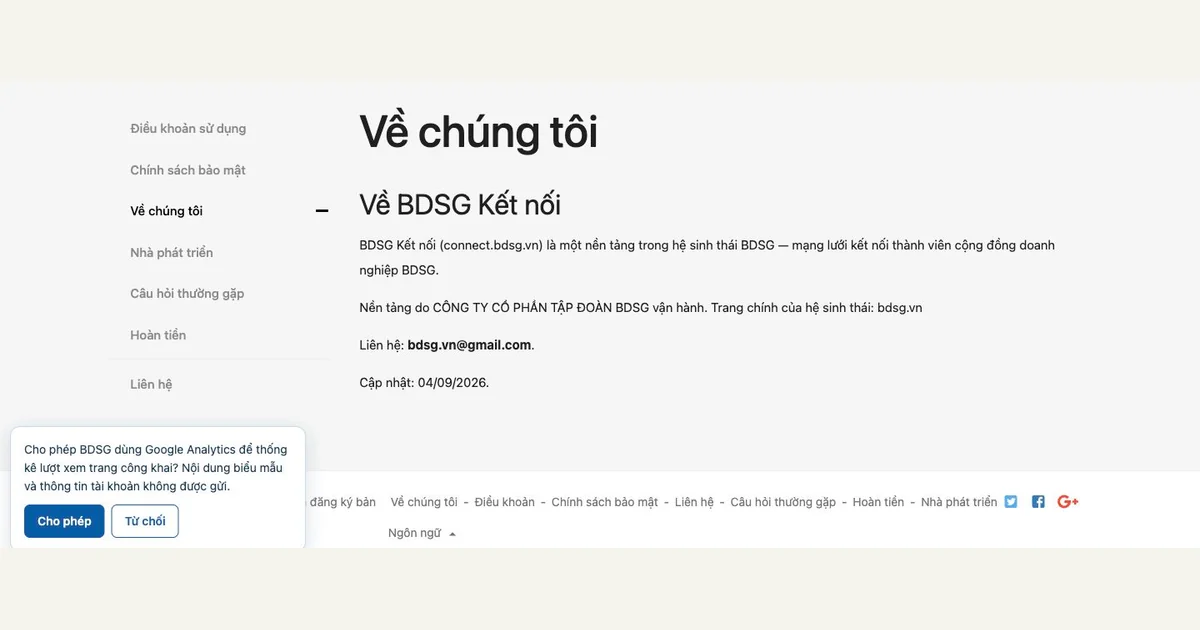Vùng giới thiệu công khai của BDSG Connect — ảnh chụp đã cắt ngày 19/10/2026.
