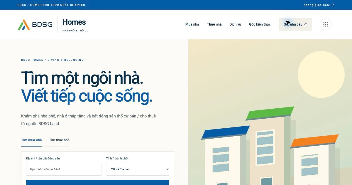 Giao diện website BDSG Homes — ảnh chụp ngày 19/10/2026.