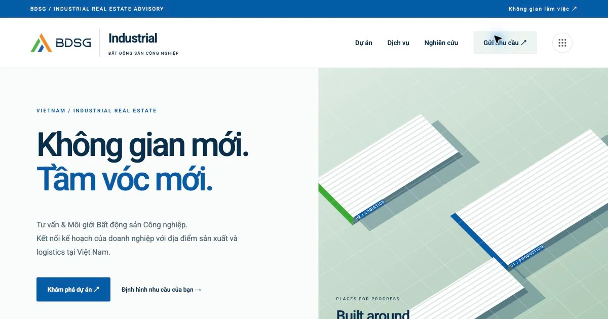 Giao diện website BDSG Industrial — ảnh chụp ngày 19/10/2026.