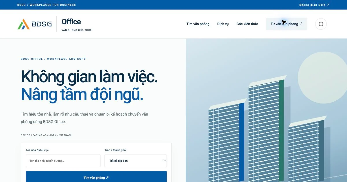 Giao diện website BDSG Office — ảnh chụp ngày 19/10/2026.