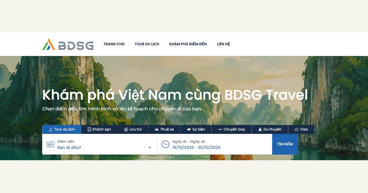 Khu vực nội dung công khai và tìm kiếm hành trình của BDSG Travel — ảnh chụp đã cắt ngày 19/10/2026.