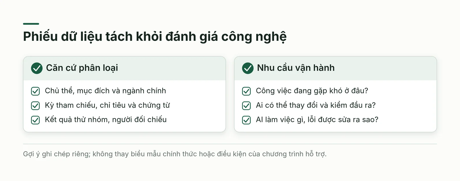 Phiếu ghi nhận dữ liệu phân loại và nhu cầu vận hành tách riêng