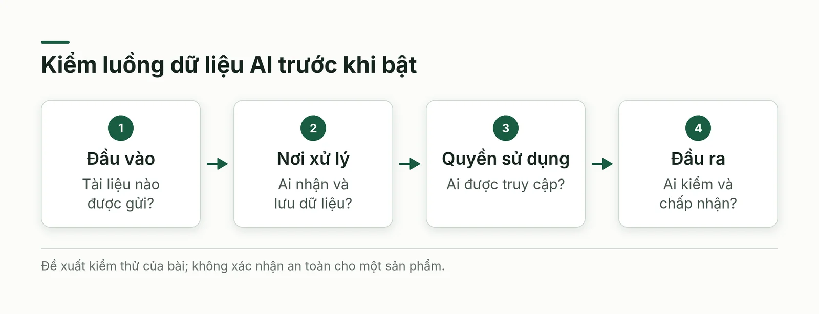 Luồng kiểm tra AI gồm dữ liệu đưa vào, nơi xử lý, quyền truy cập và đầu ra được duyệt