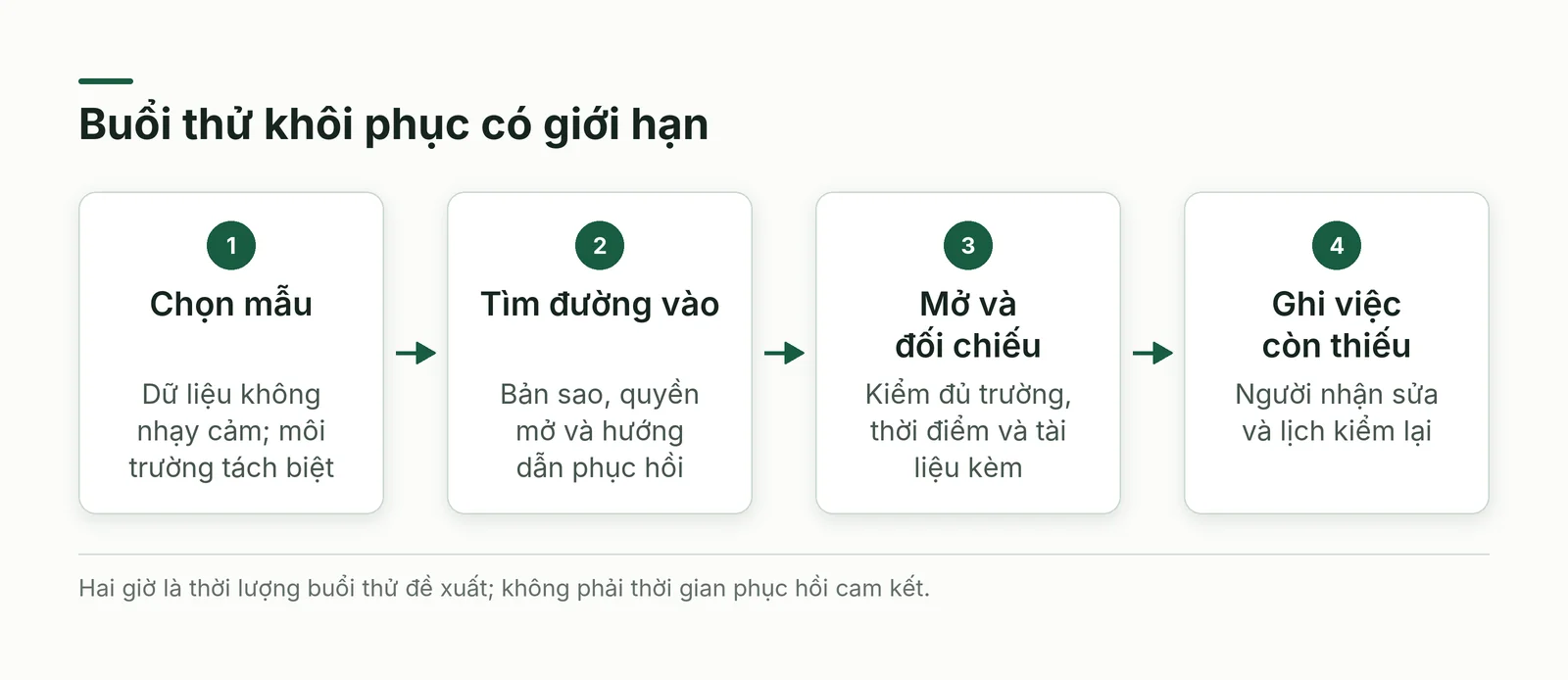 Buổi thử khôi phục chia thành chọn dữ liệu, phục hồi tách biệt, đối chiếu và ghi việc còn thiếu