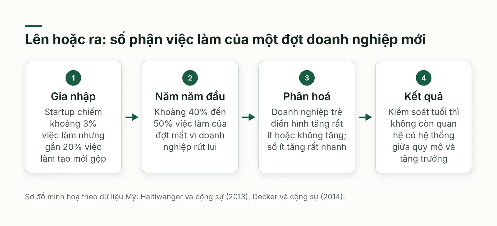Sơ đồ bốn bước: gia nhập, năm năm đầu, phân hoá, kết quả của một đợt doanh nghiệp mới