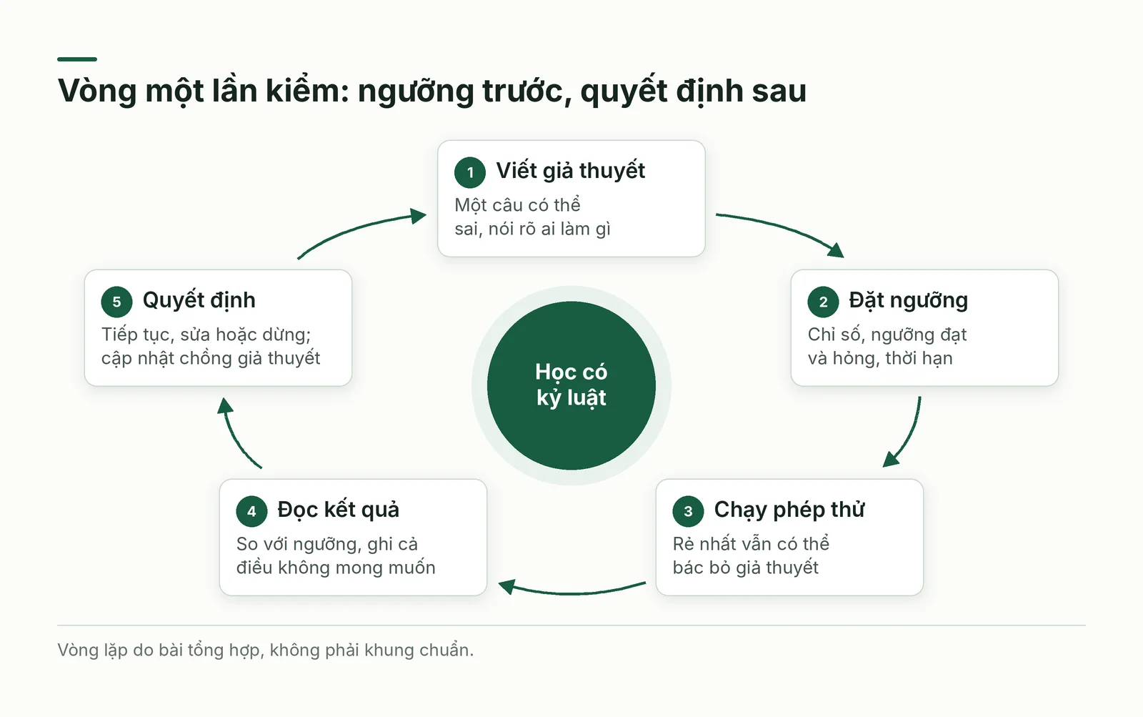 Sơ đồ vòng lặp năm bước từ viết giả thuyết đến quyết định tiếp tục, sửa hoặc dừng.