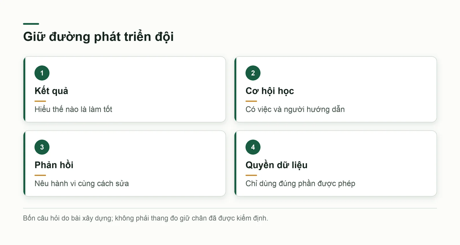 Bốn điều cần giữ khi phát triển đội gồm kết quả, cơ hội học, phản hồi và quyền dữ liệu