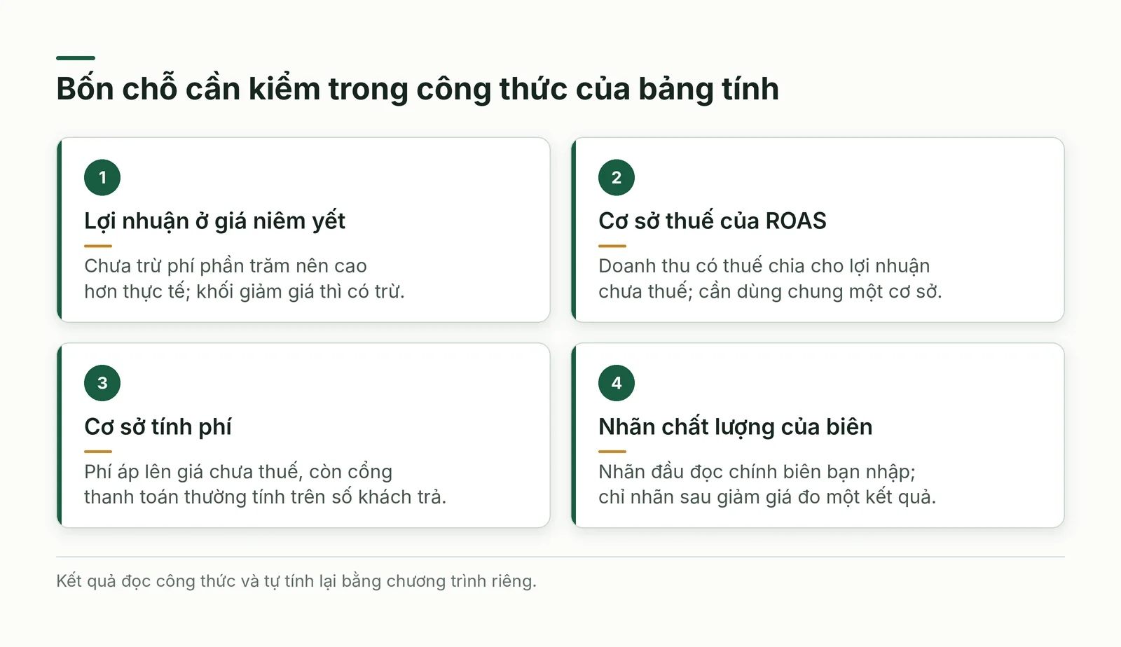 Bốn chỗ cần kiểm trong công thức bảng tính