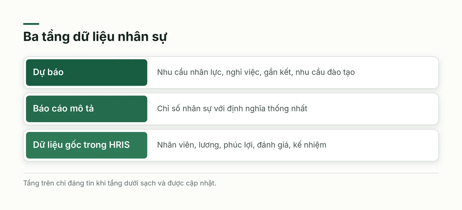 Ba tầng dữ liệu nhân sự xếp chồng: dữ liệu gốc, báo cáo mô tả, dự báo