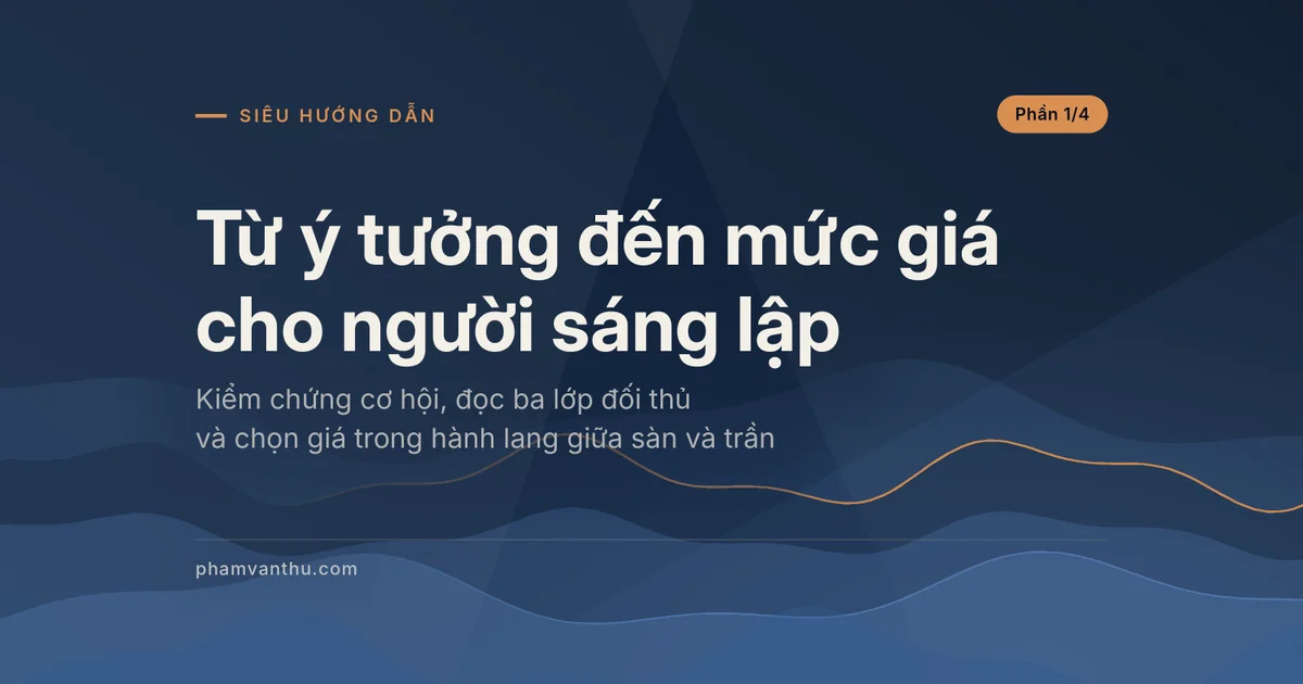 Ảnh đại diện nền xanh đậm có dòng chữ Từ ý tưởng đến mức giá cho người sáng lập, nhãn Siêu hướng dẫn và Phần 1/4