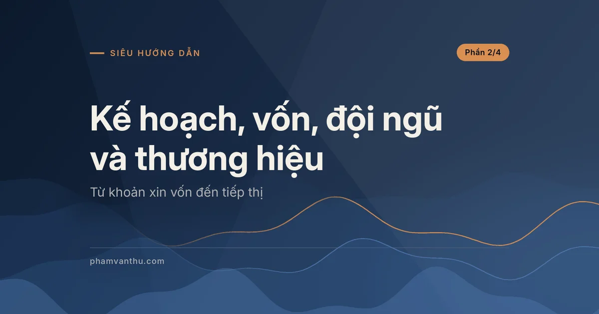Ảnh đại diện nền xanh đậm có dòng chữ Kế hoạch, vốn, đội ngũ và thương hiệu, nhãn Siêu hướng dẫn và Phần 2/4