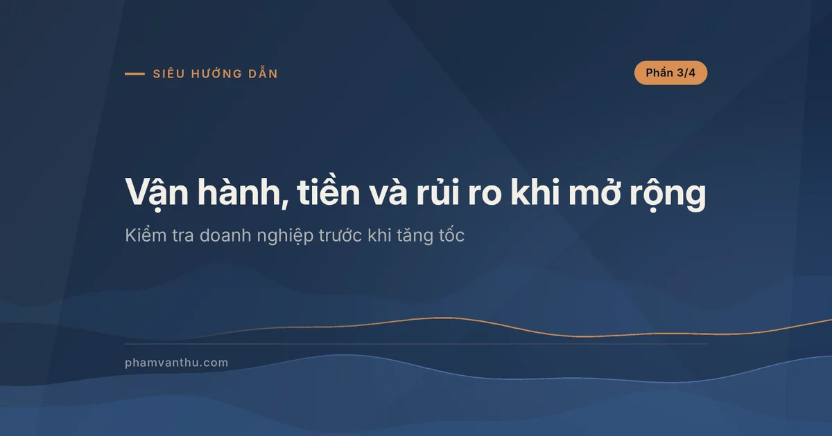 Ảnh đại diện nền xanh đậm có dòng chữ Vận hành, tiền và rủi ro khi mở rộng, nhãn Siêu hướng dẫn và Phần 3/4