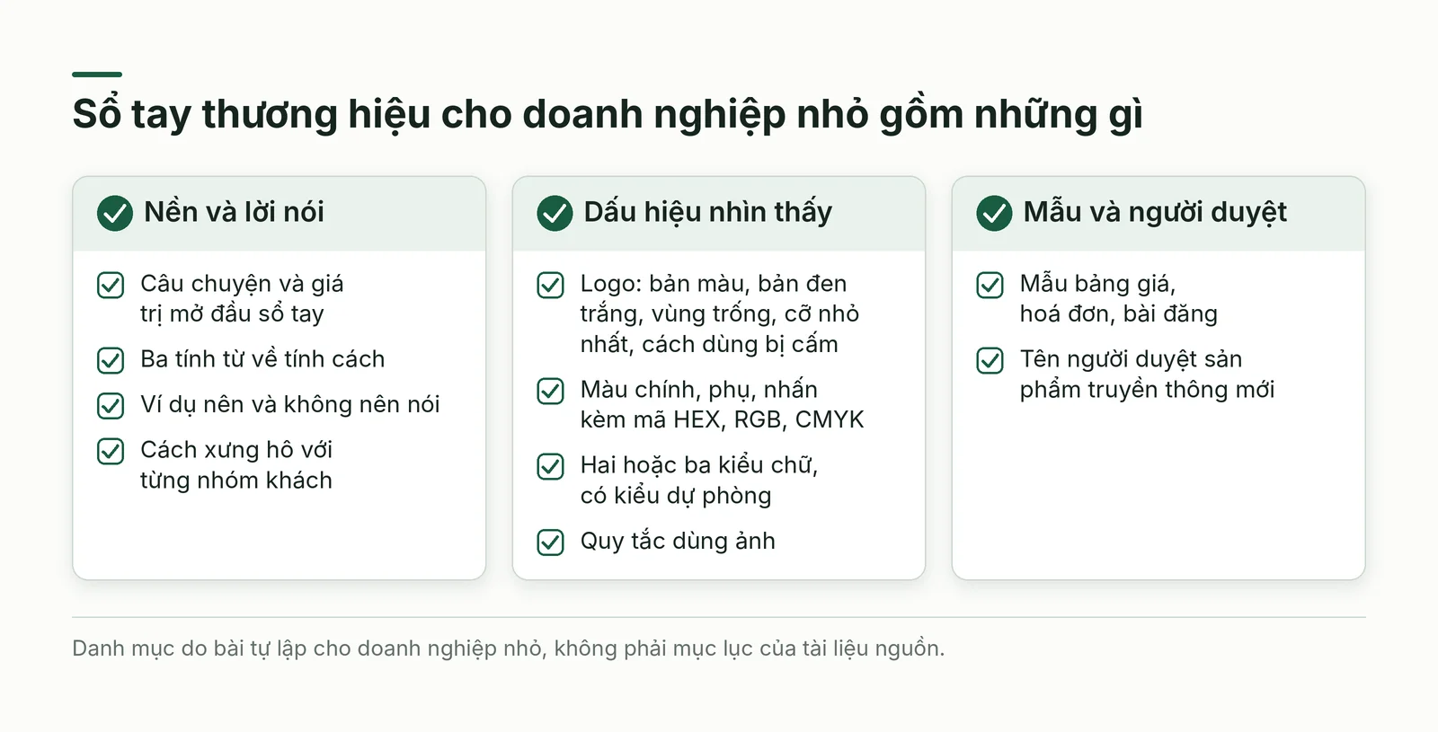 Danh mục ba nhóm nội dung của sổ tay thương hiệu